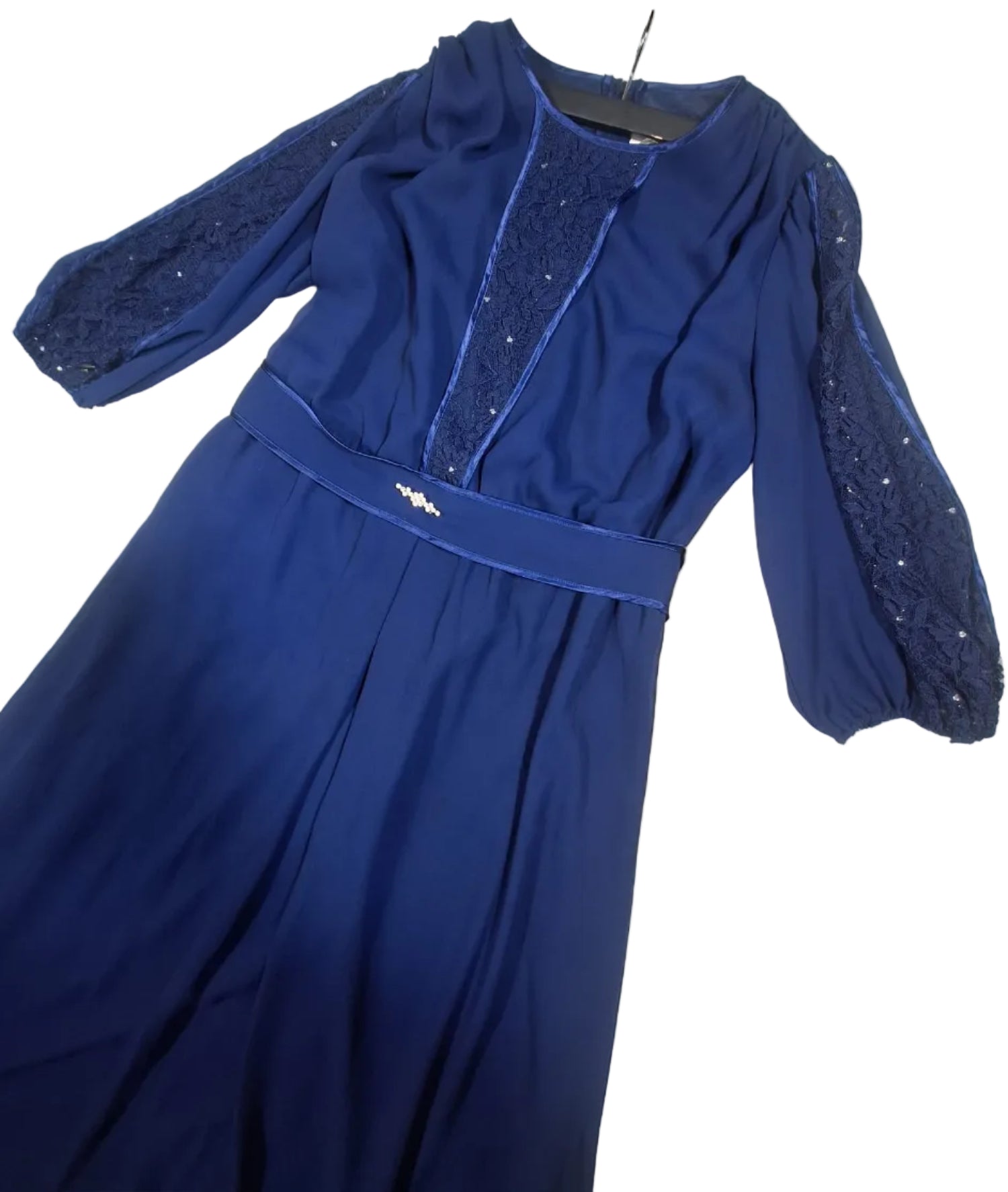 Rochie de Seară Bleumarin Maxi cu Dantelă și Brâu
