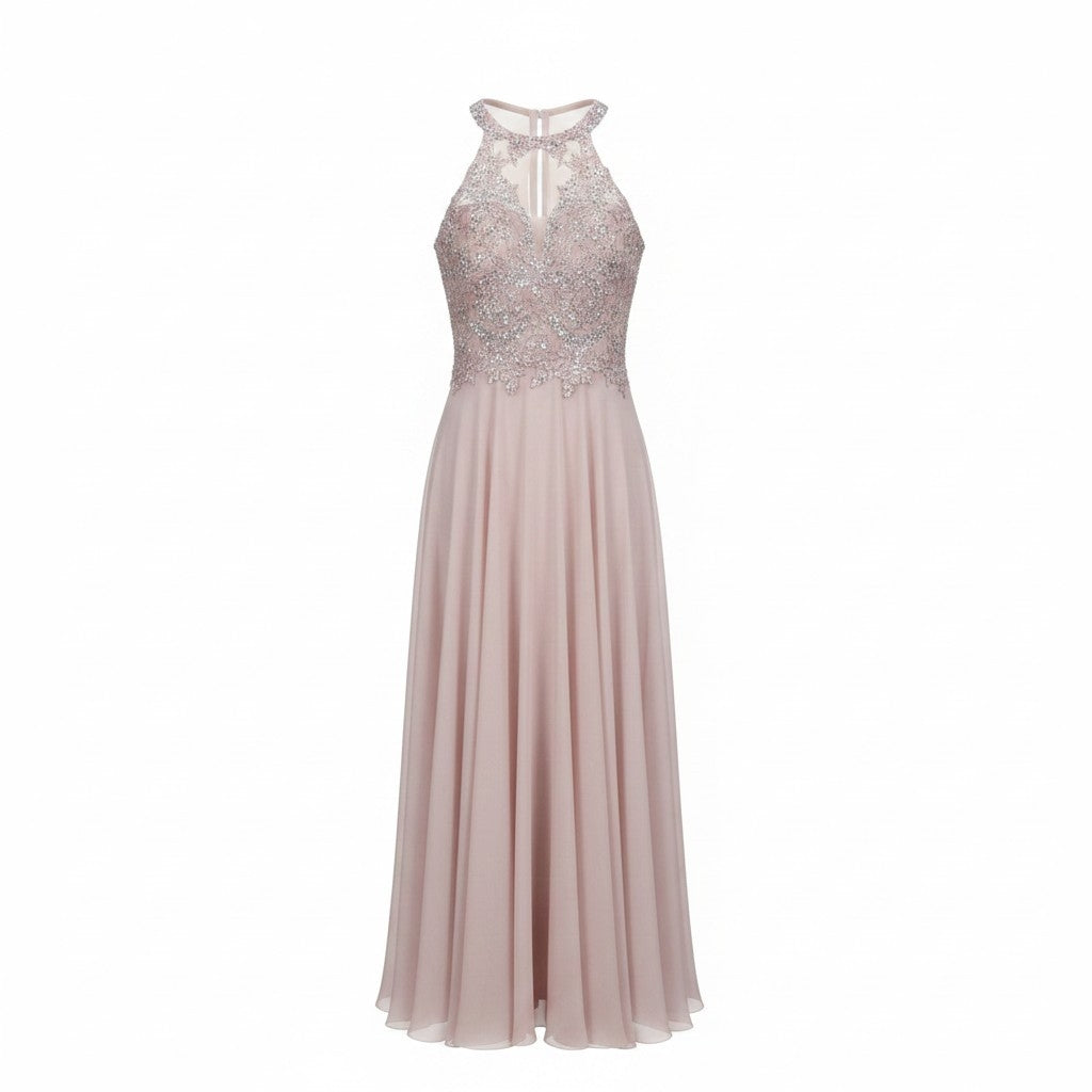 Rochie de Seară Maxi Roz Pudrat cu Corsaj Brodat și Cristale - Luxuar Limited