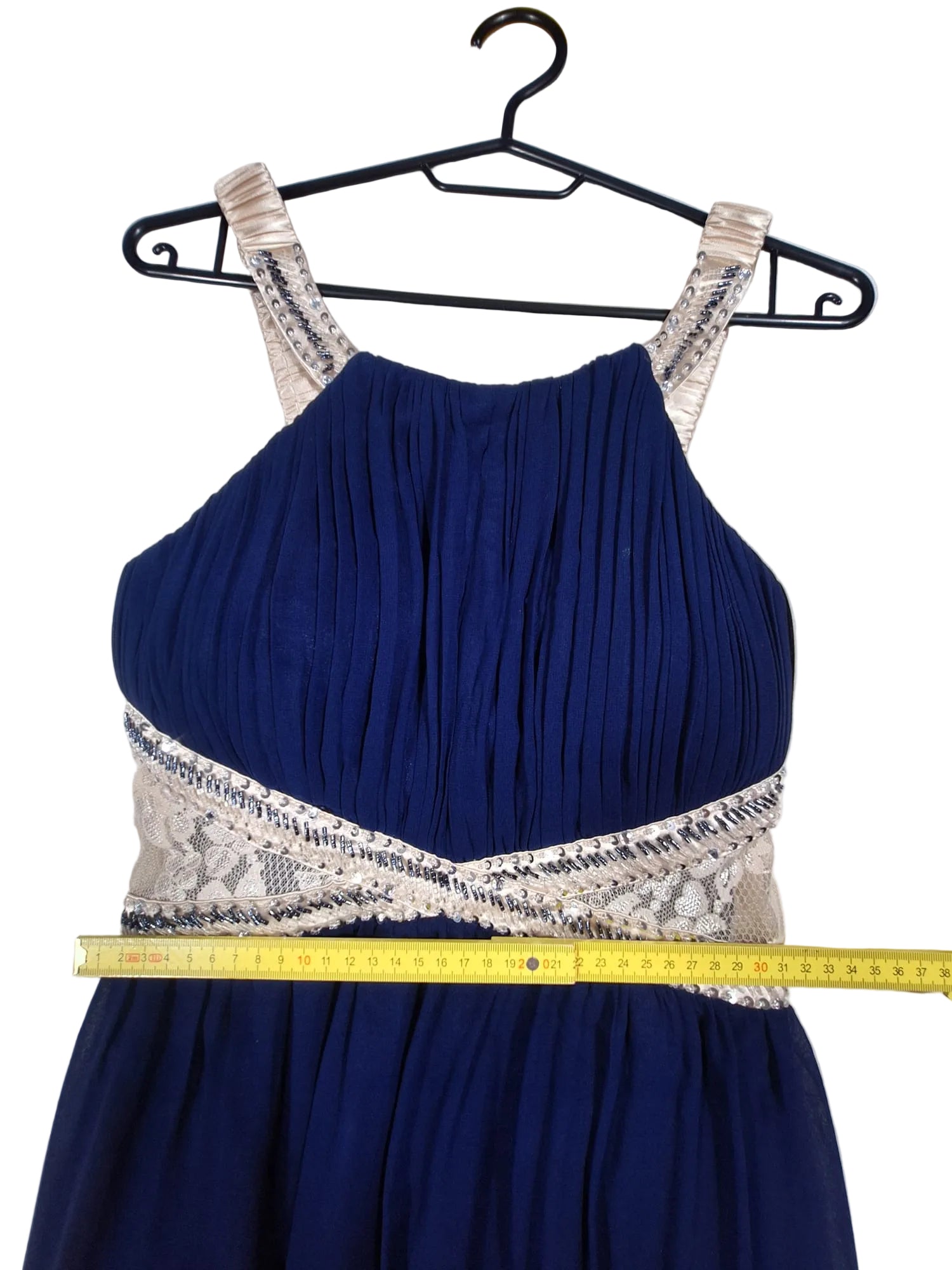 Rochie de Seară Maxi Bleumarin cu Brâu încrustat cu Cristale - Little Mistress London