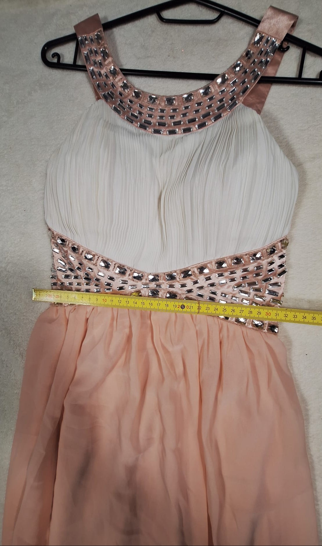 Rochie de Seară Maxi Bicolor Ivory-Roz cu Brâu din Cristale