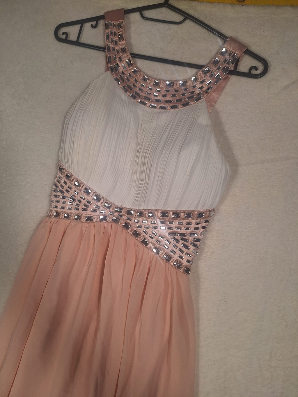 Rochie de Seară Maxi Bicolor Ivory-Roz cu Brâu din Cristale