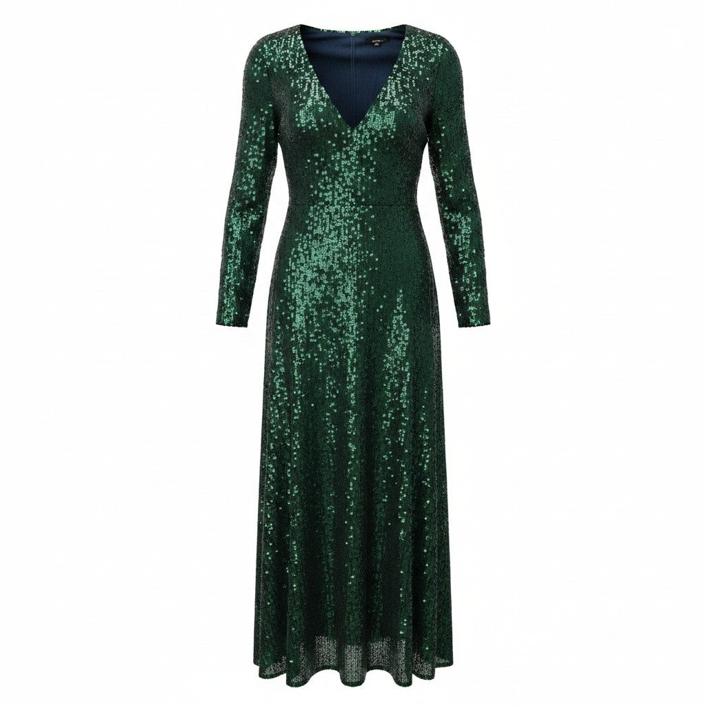 Rochie de Seară Maxi Verde Smarald cu Paiete și Mâneci Lungi