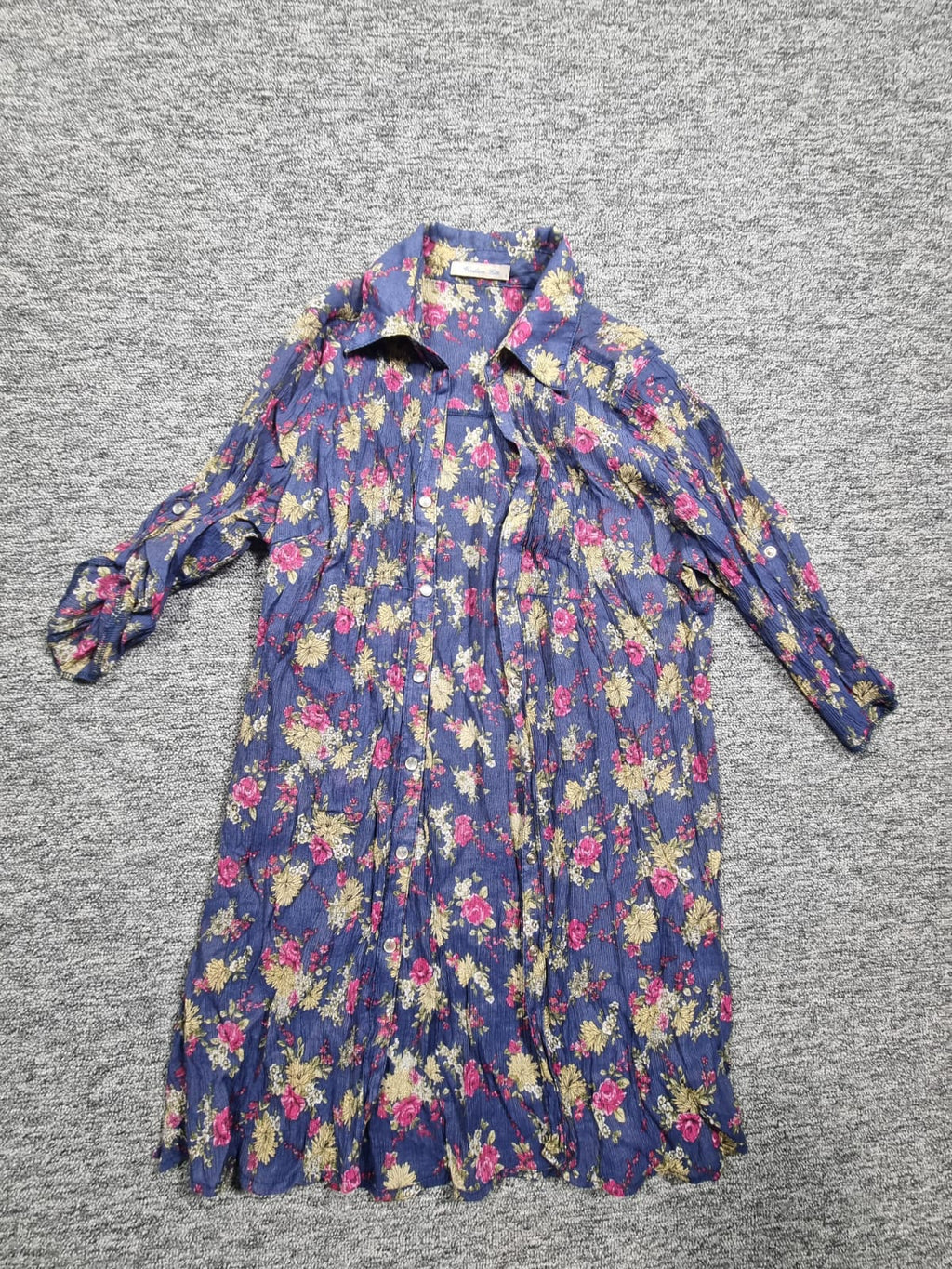 Rochie Cămașă Maxi Albastru Print Floral Roz Crinkle
