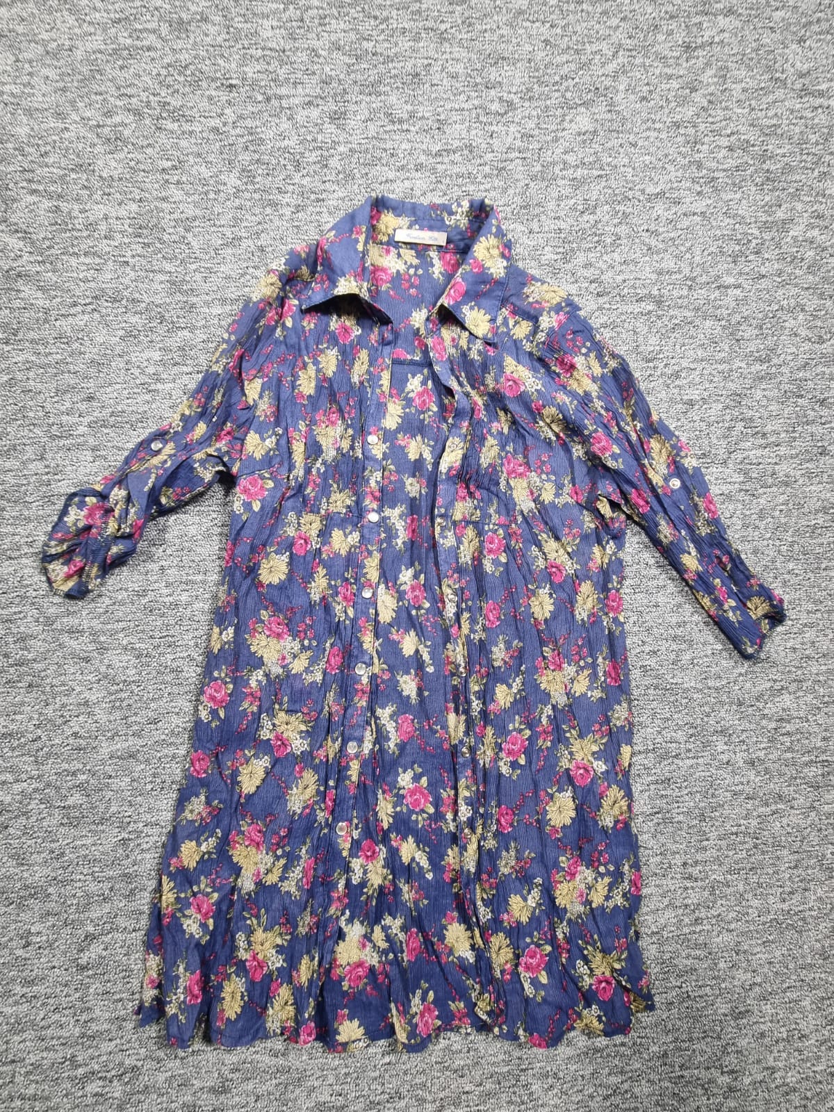 Rochie Cămașă Maxi Albastru Print Floral Roz Crinkle