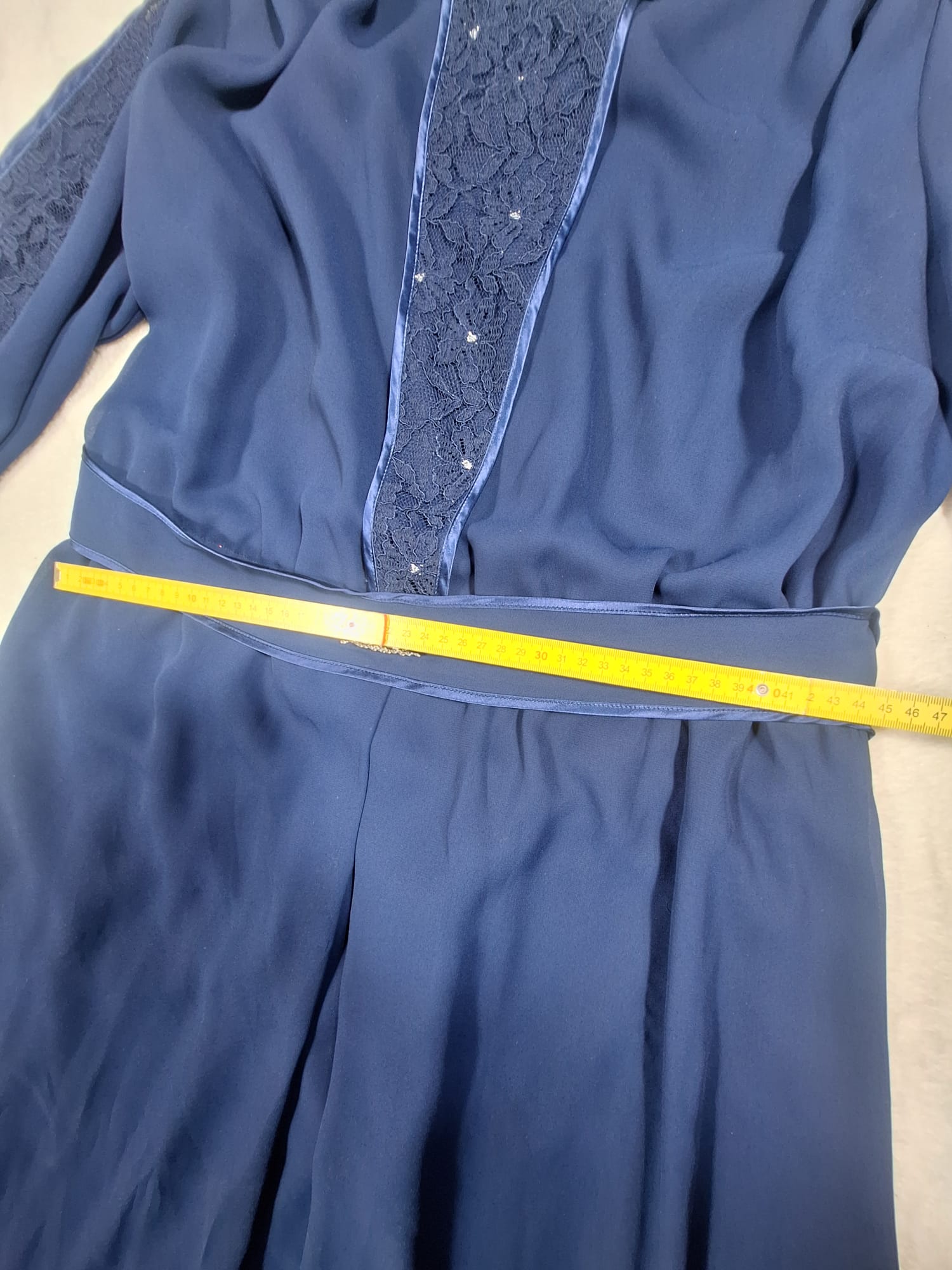 Rochie de Seară Bleumarin Maxi cu Dantelă și Brâu