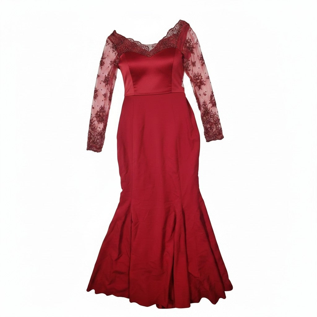 Rochie de Seară Roșie tip Sirenă cu Mâneci din Dantelă