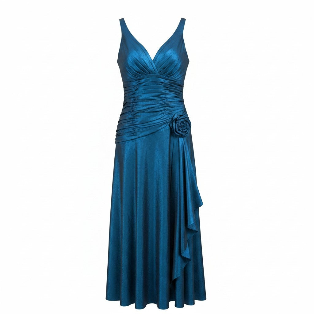 Rochie de Seară Midi Albastru Petrol cu Draping și Trandafir - Magic Nights