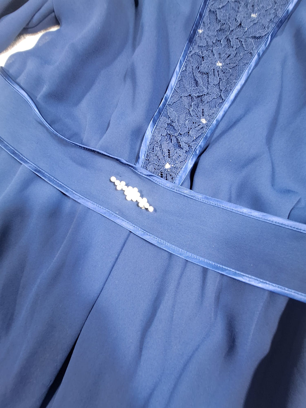 Rochie de Seară Bleumarin Maxi cu Dantelă și Brâu