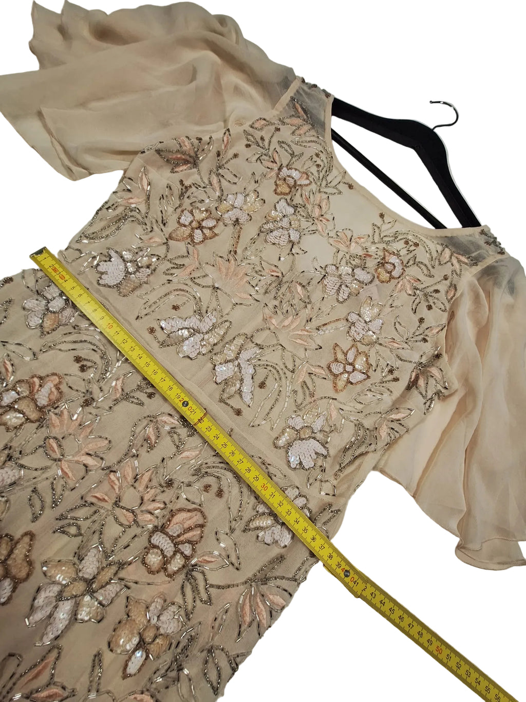 Rochie de Seară Maxi Champagne cu Broderie Florală 3D și Mâneci Fluture - Luxuar Limited