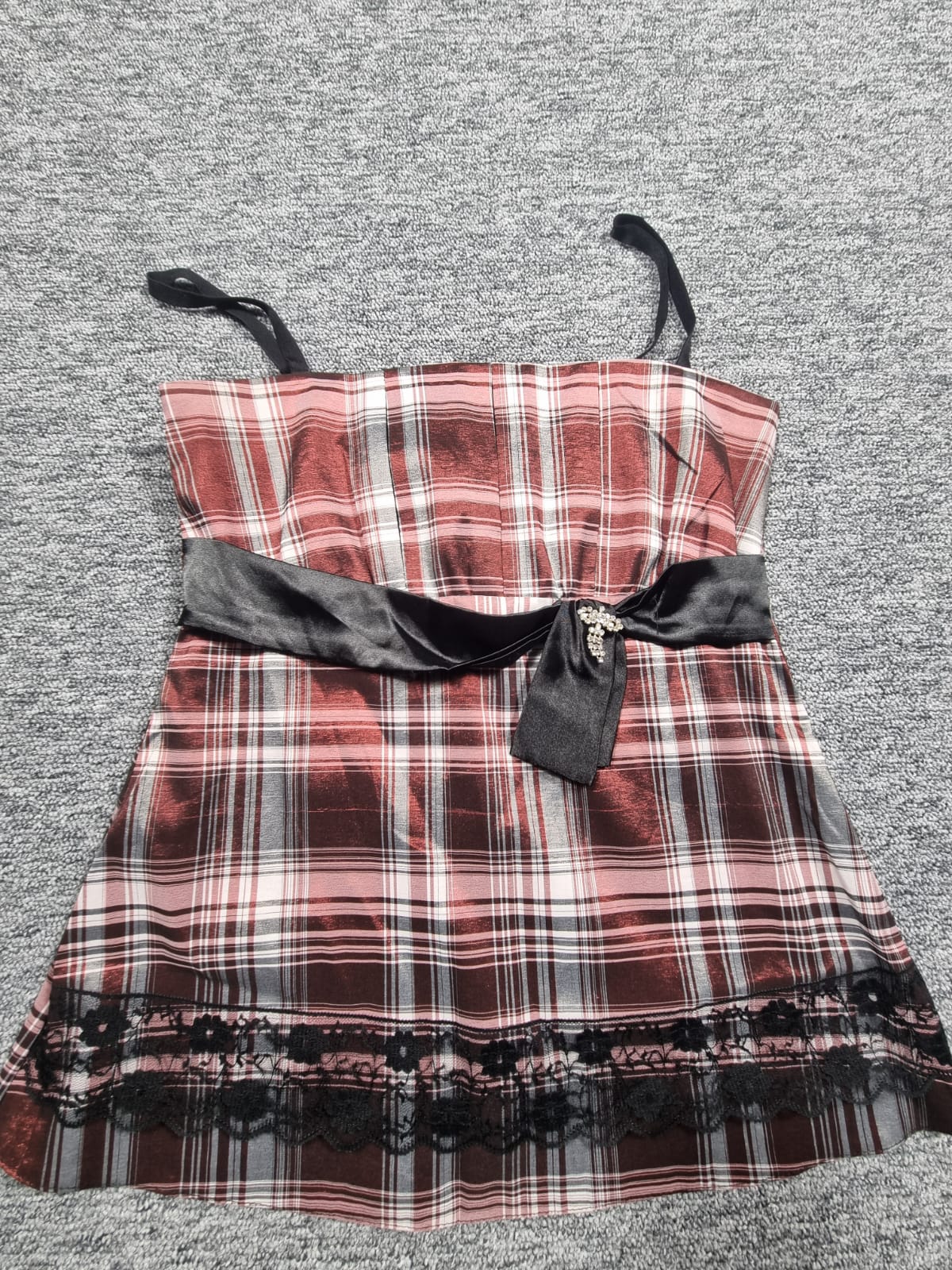 Top Tartan Roz-Negru Bretele Fundă Dantela Y2K