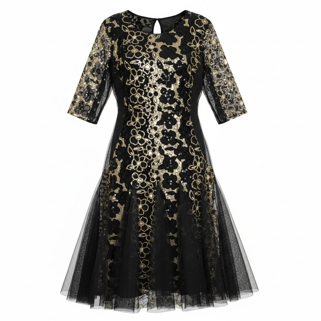 Rochie de Seară Neagră cu Broderie Florală Aurie și Tul
