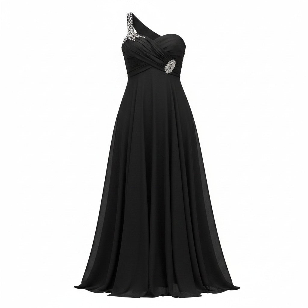 Rochie de Seară Maxi Neagră One-Shoulder cu Cristale - JJ's House