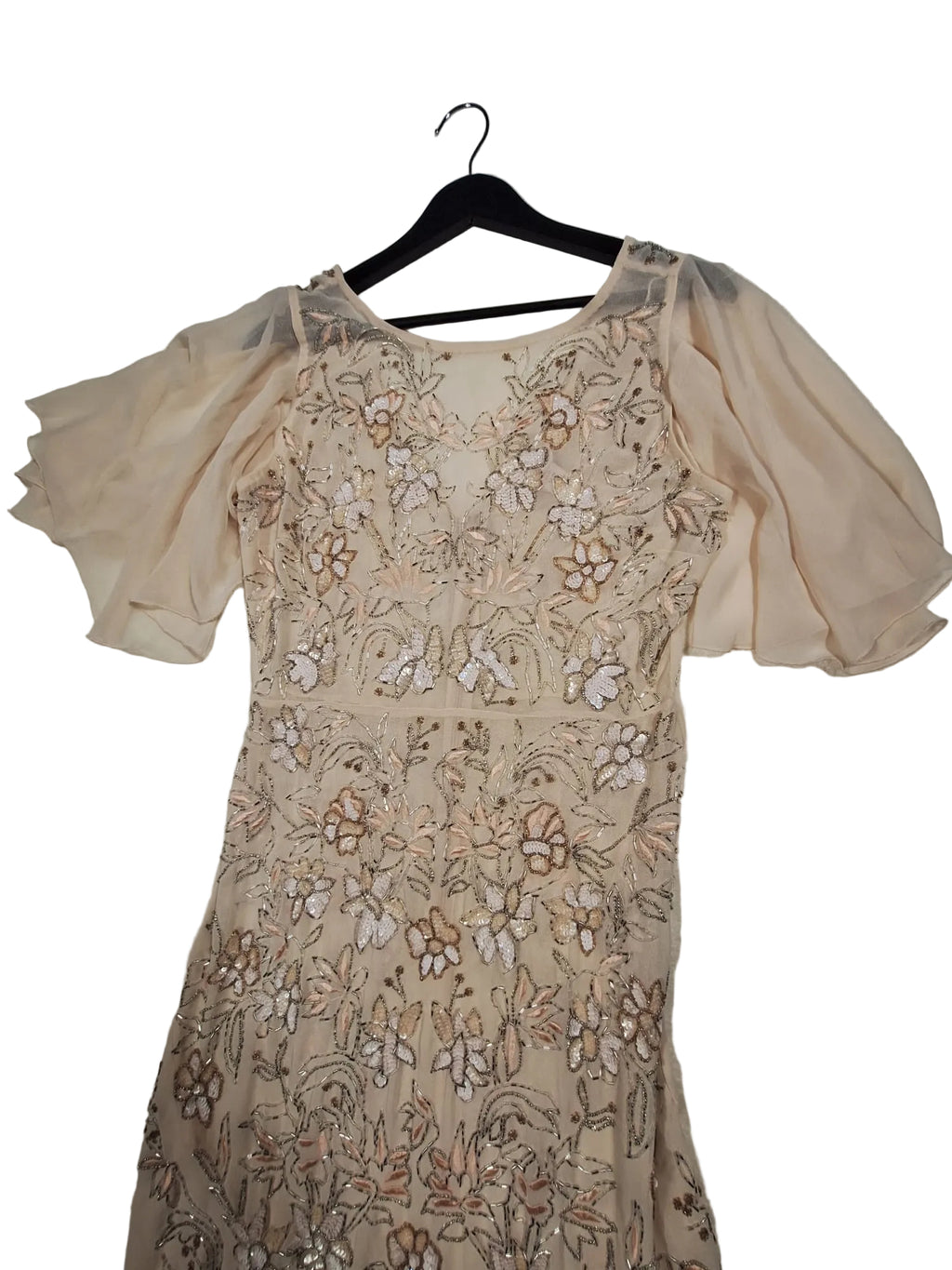 Rochie de Seară Maxi Champagne cu Broderie Florală 3D și Mâneci Fluture - Luxuar Limited