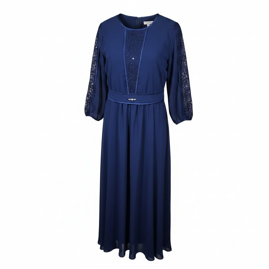 Rochie de Seară Bleumarin Maxi cu Dantelă și Brâu