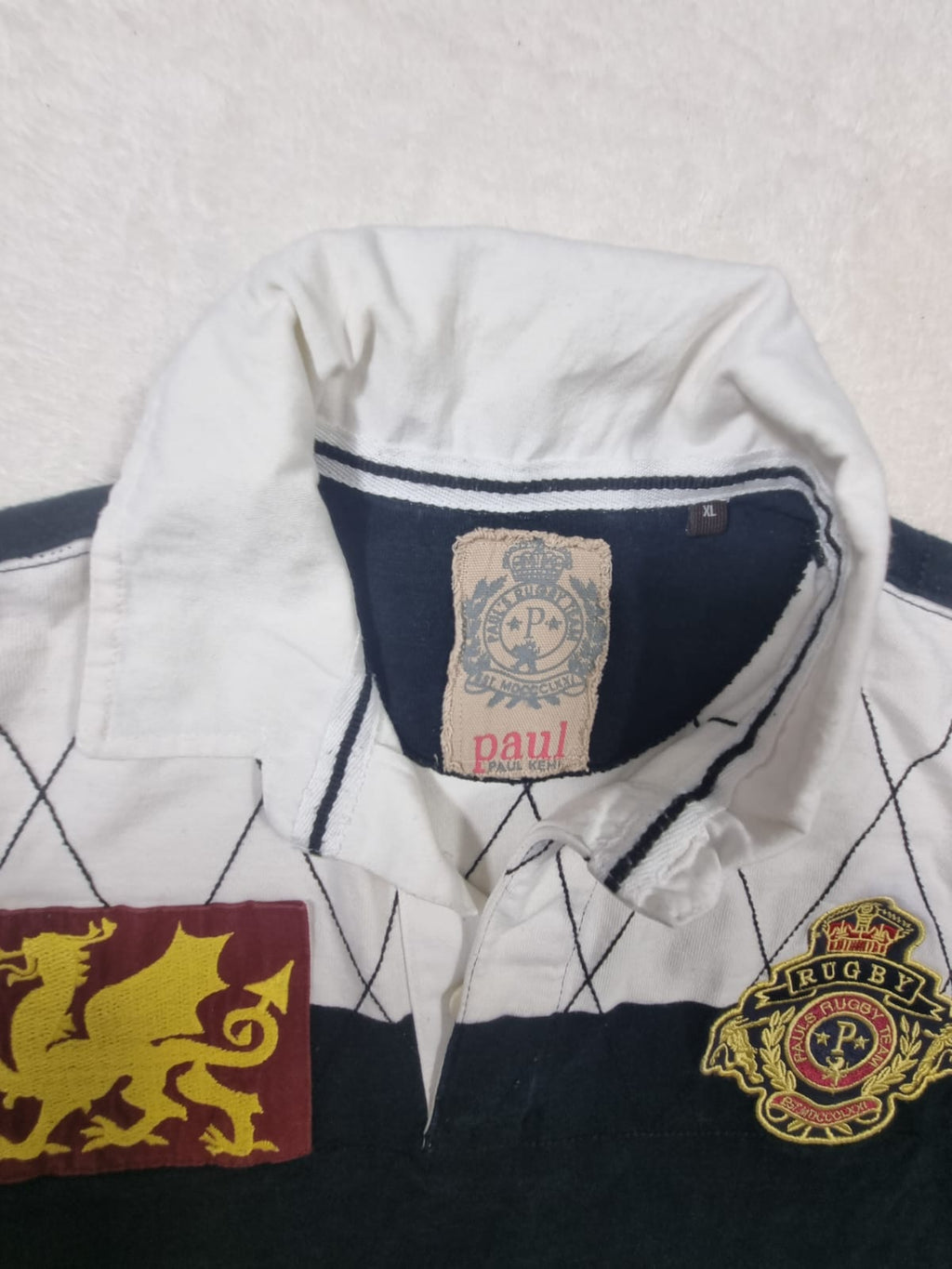 Tricou Rugby Polo Vintage Dungi Alb/Bleumarin XL