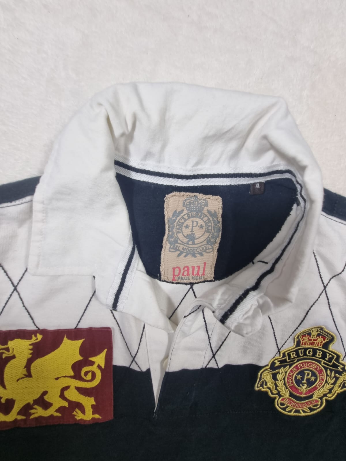 Tricou Rugby Polo Vintage Dungi Alb/Bleumarin XL