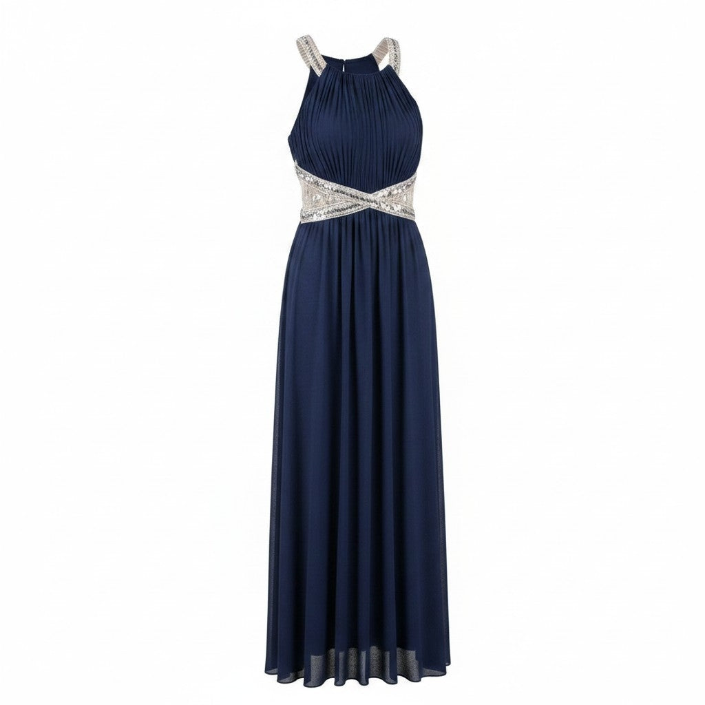 Rochie de Seară Maxi Bleumarin cu Brâu încrustat cu Cristale - Little Mistress London