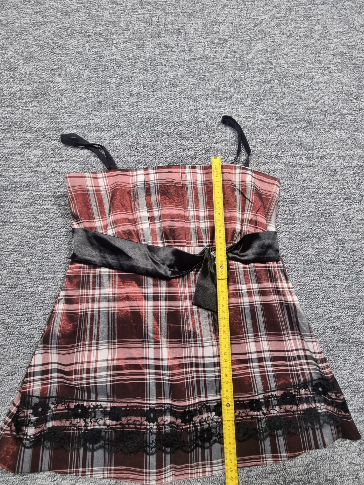 Top Tartan Roz-Negru Bretele Fundă Dantela Y2K