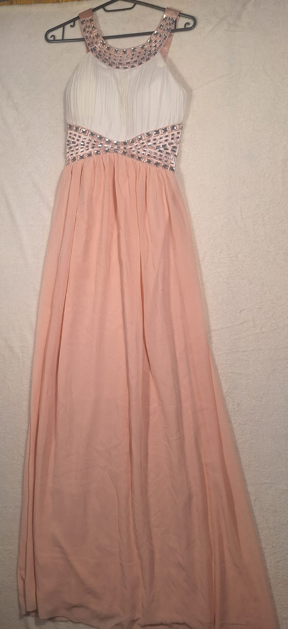 Rochie de Seară Maxi Bicolor Ivory-Roz cu Brâu din Cristale