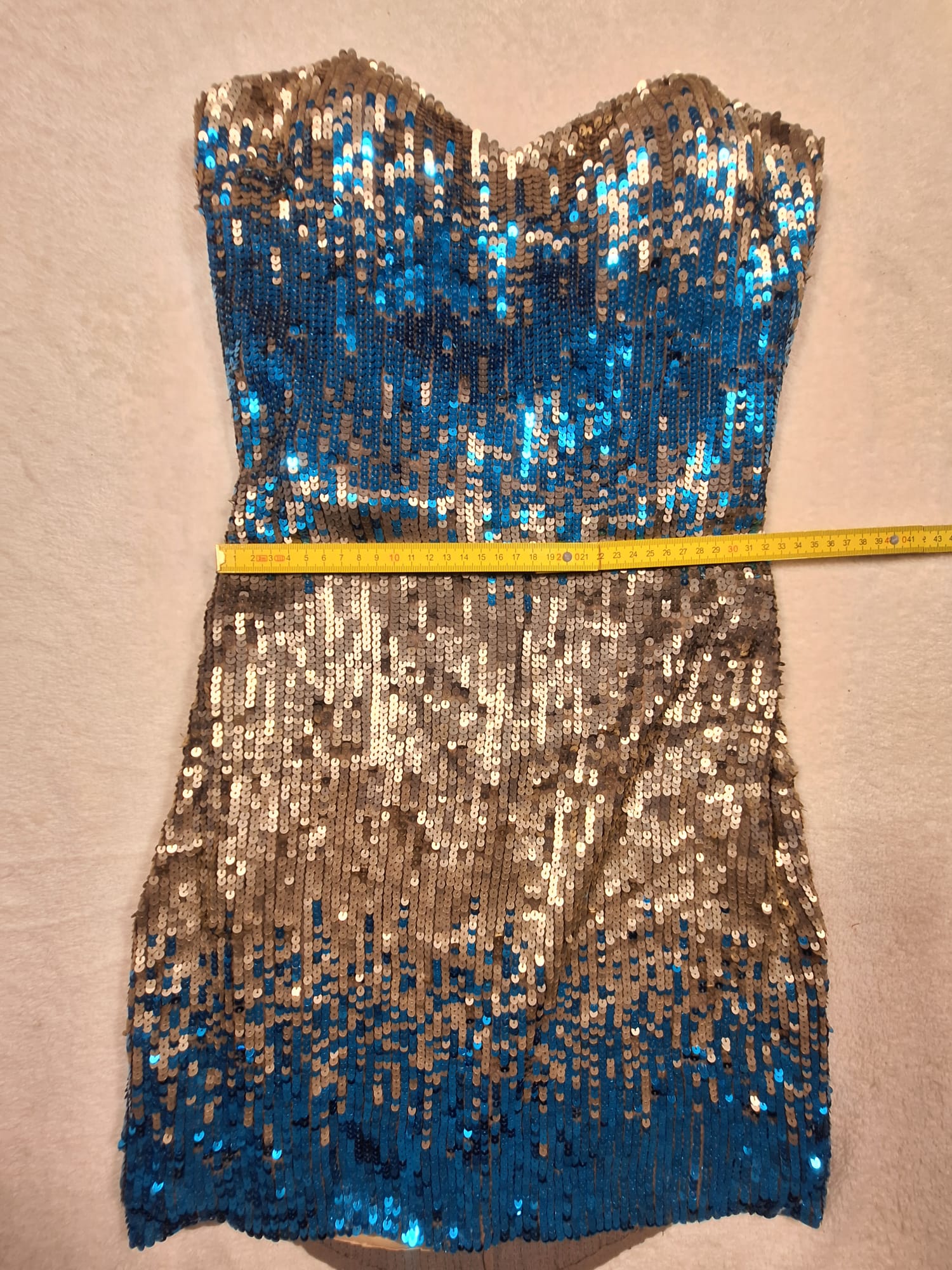 Rochie Shail K. – Mini Strapless cu Paiete Albastru & Auriu