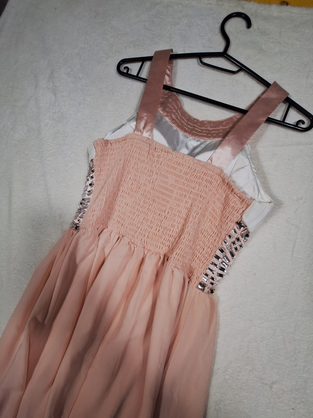 Rochie de Seară Maxi Bicolor Ivory-Roz cu Brâu din Cristale