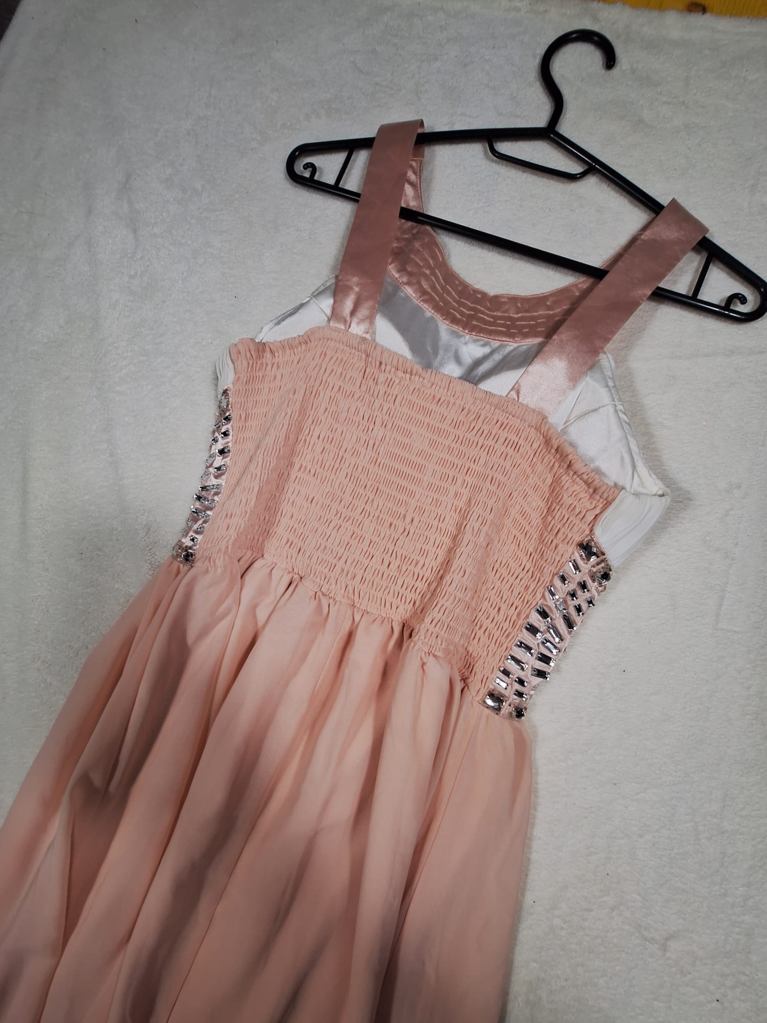 Rochie de Seară Maxi Bicolor Ivory-Roz cu Brâu din Cristale