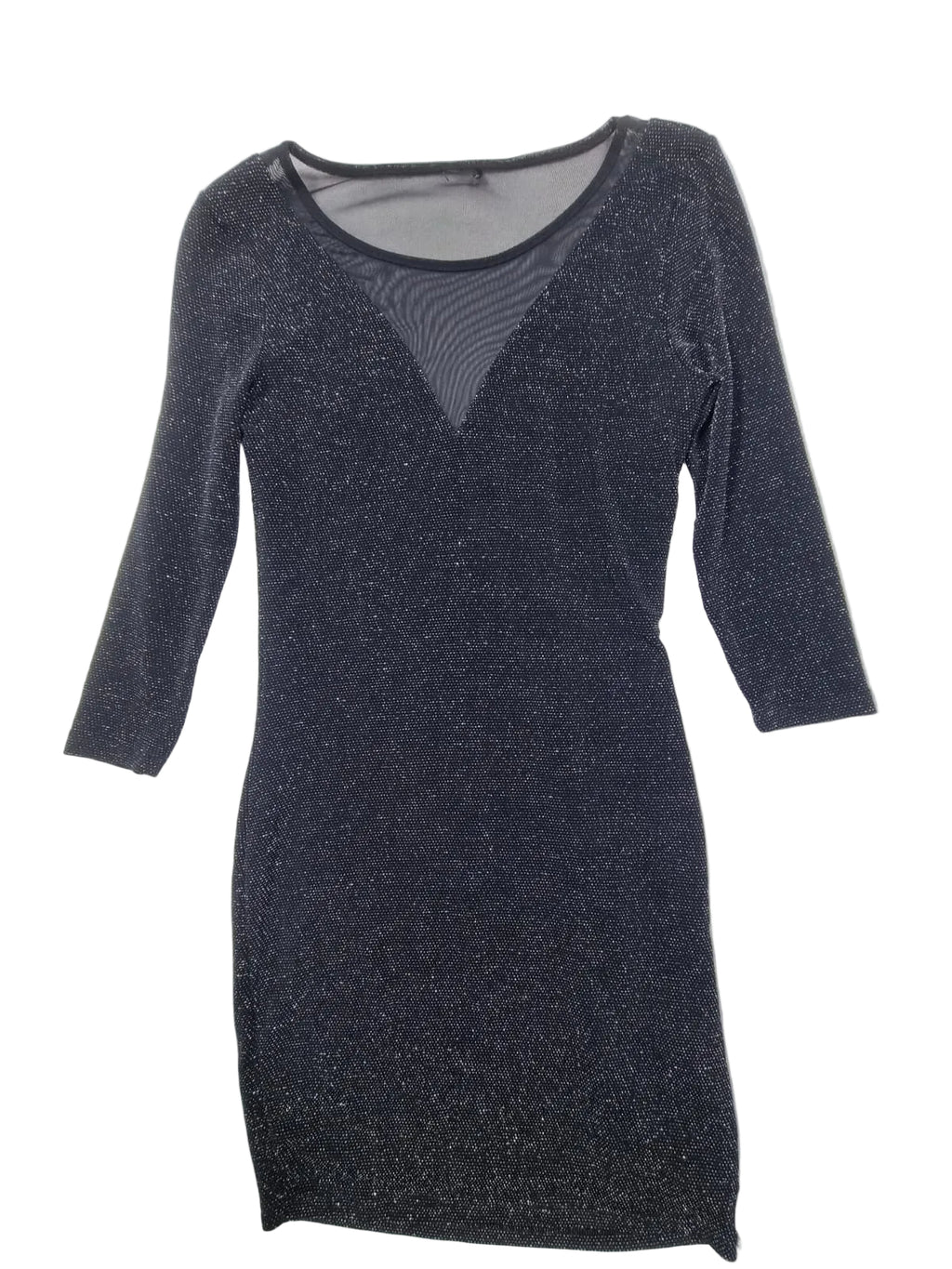 Rochie Mini Glitter Neagră cu Inserție Mesh