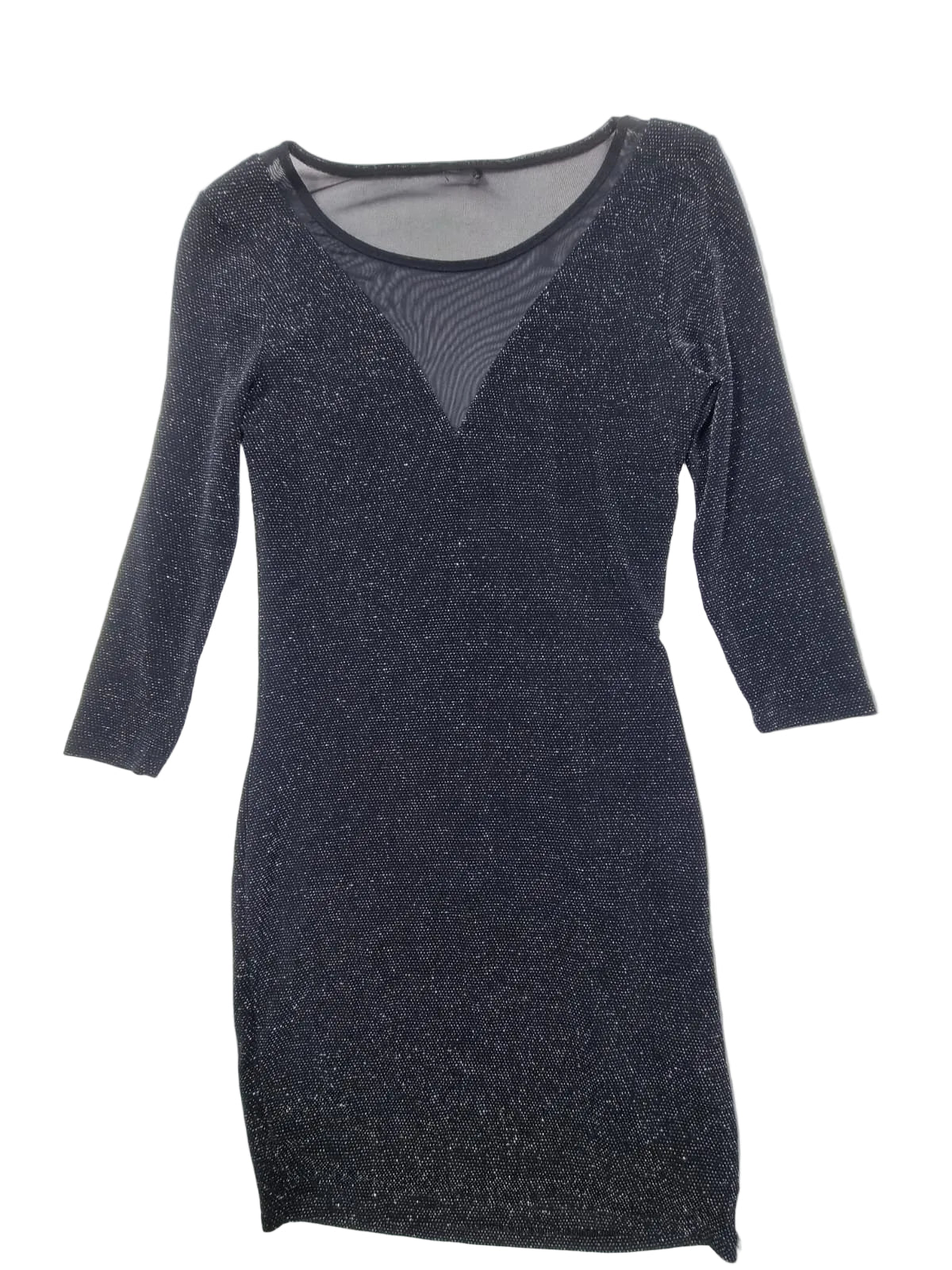 Rochie Mini Glitter Neagră cu Inserție Mesh