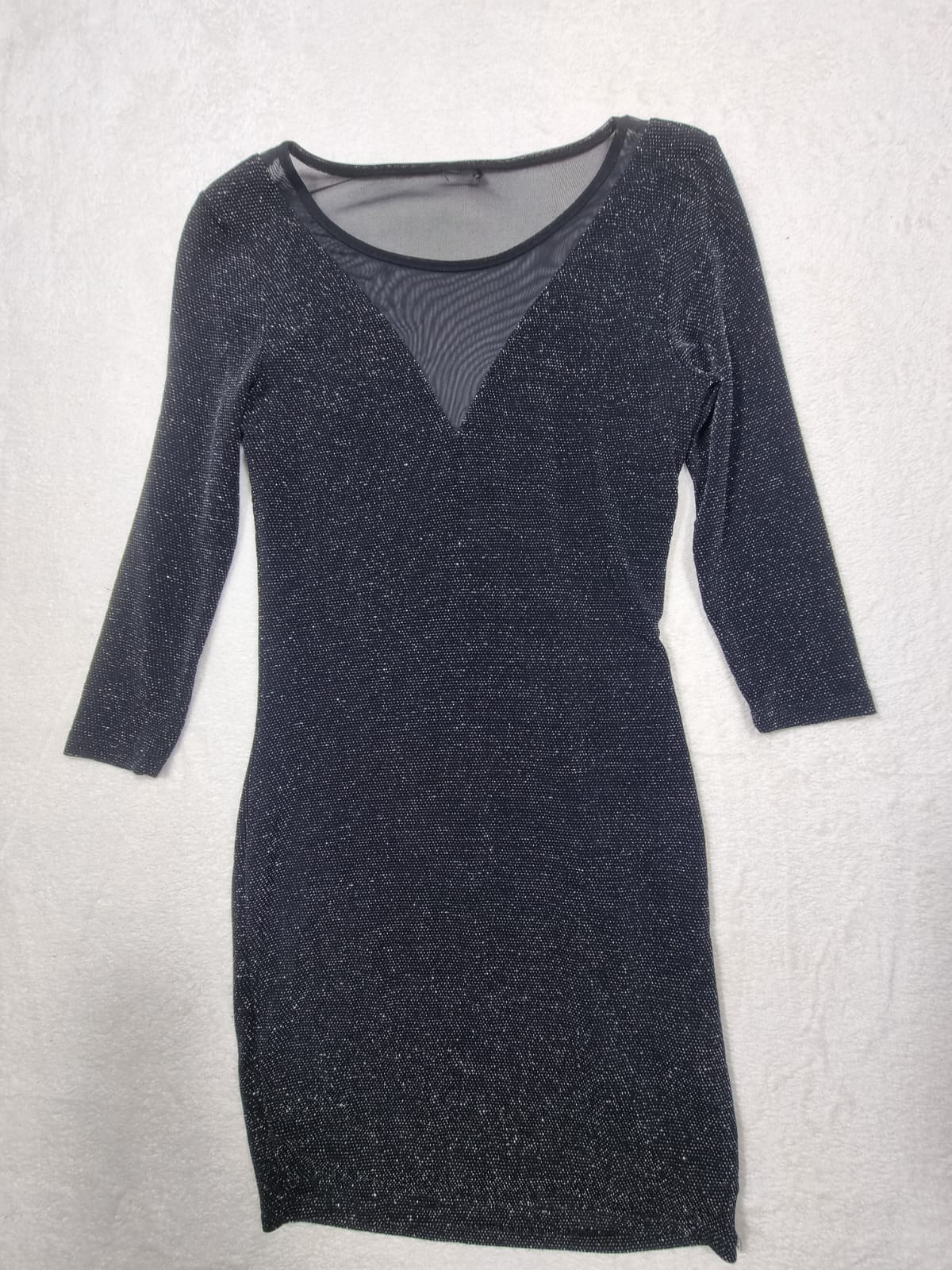 Rochie Mini Glitter Neagră cu Inserție Mesh