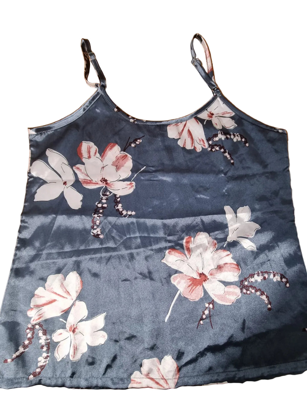 Top Satinat Gri-Albastru Print Floral Magnolii Roz