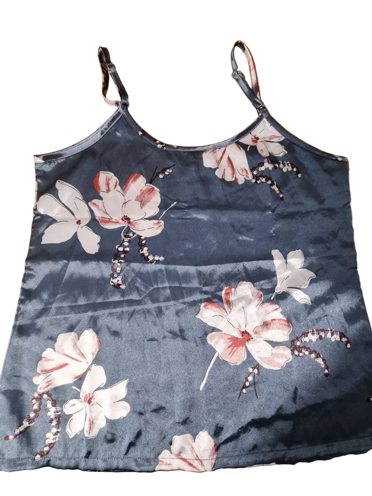 Top Satinat Gri-Albastru Print Floral Magnolii Roz