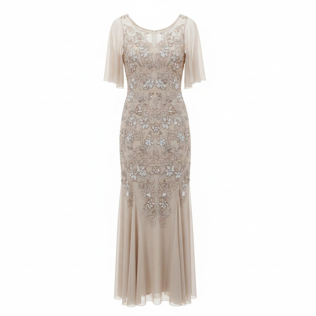 Rochie de Seară Maxi Champagne cu Broderie Florală 3D și Mâneci Fluture - Luxuar Limited
