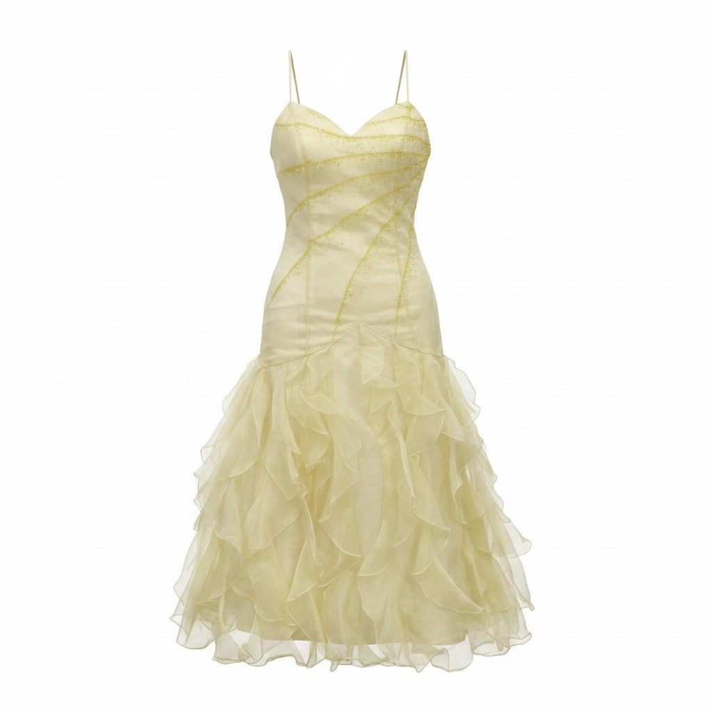 Rochie de Seară Midi Champagne cu Bretele și Fustă din Volane - Unique
