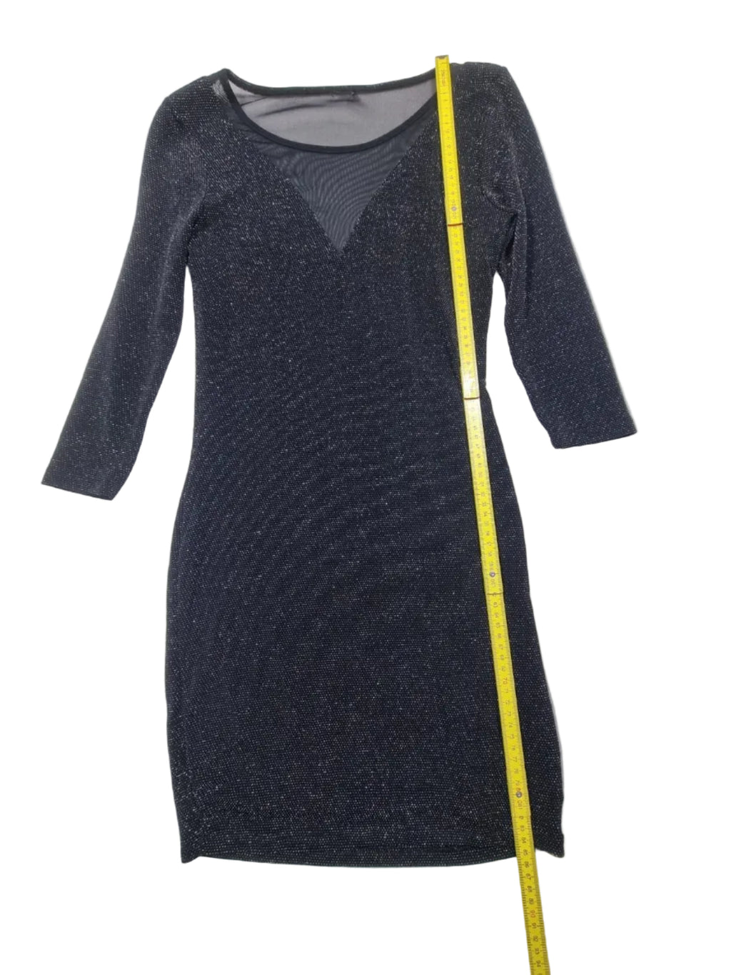 Rochie Mini Glitter Neagră cu Inserție Mesh