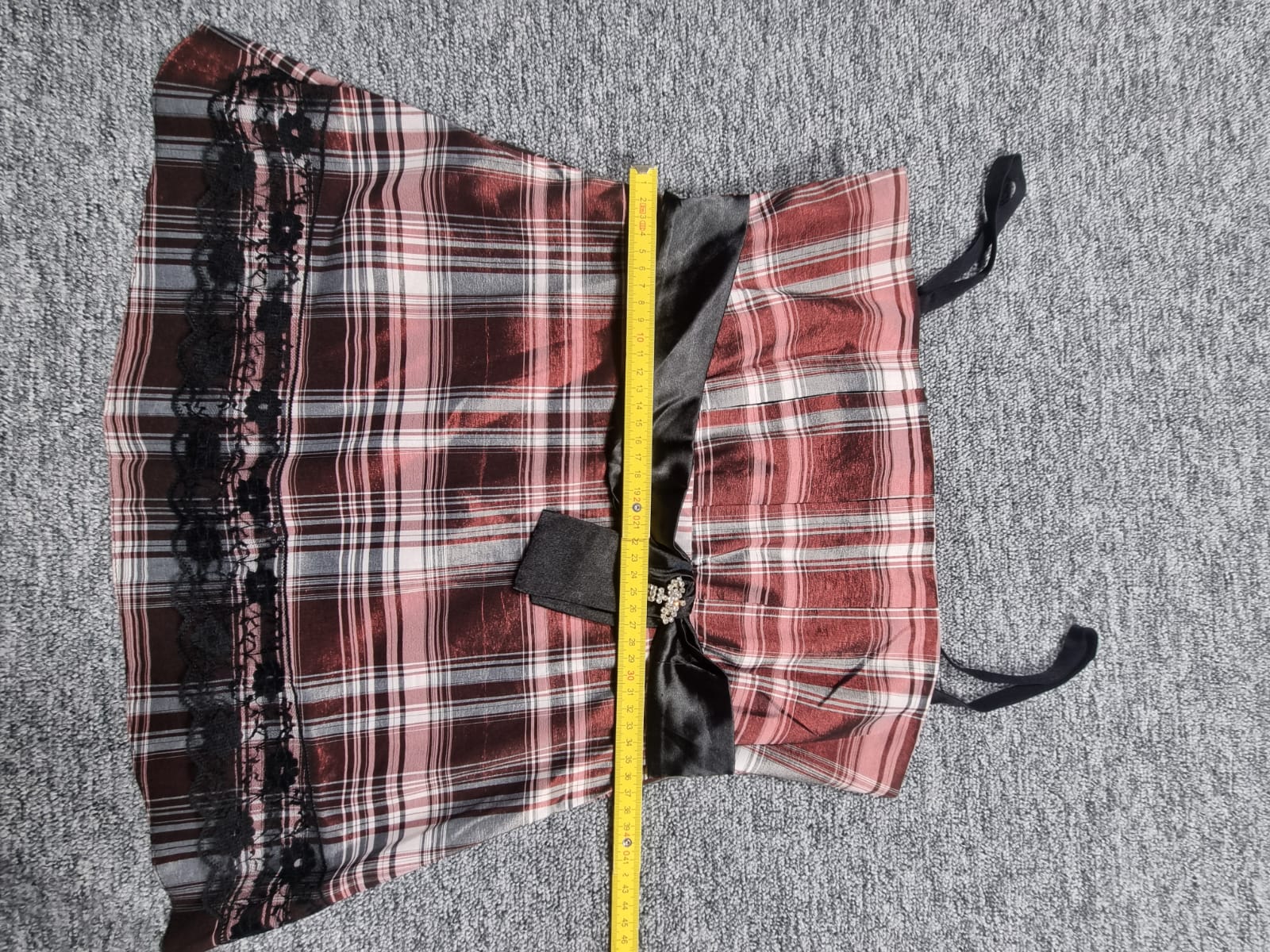 Top Tartan Roz-Negru Bretele Fundă Dantela Y2K