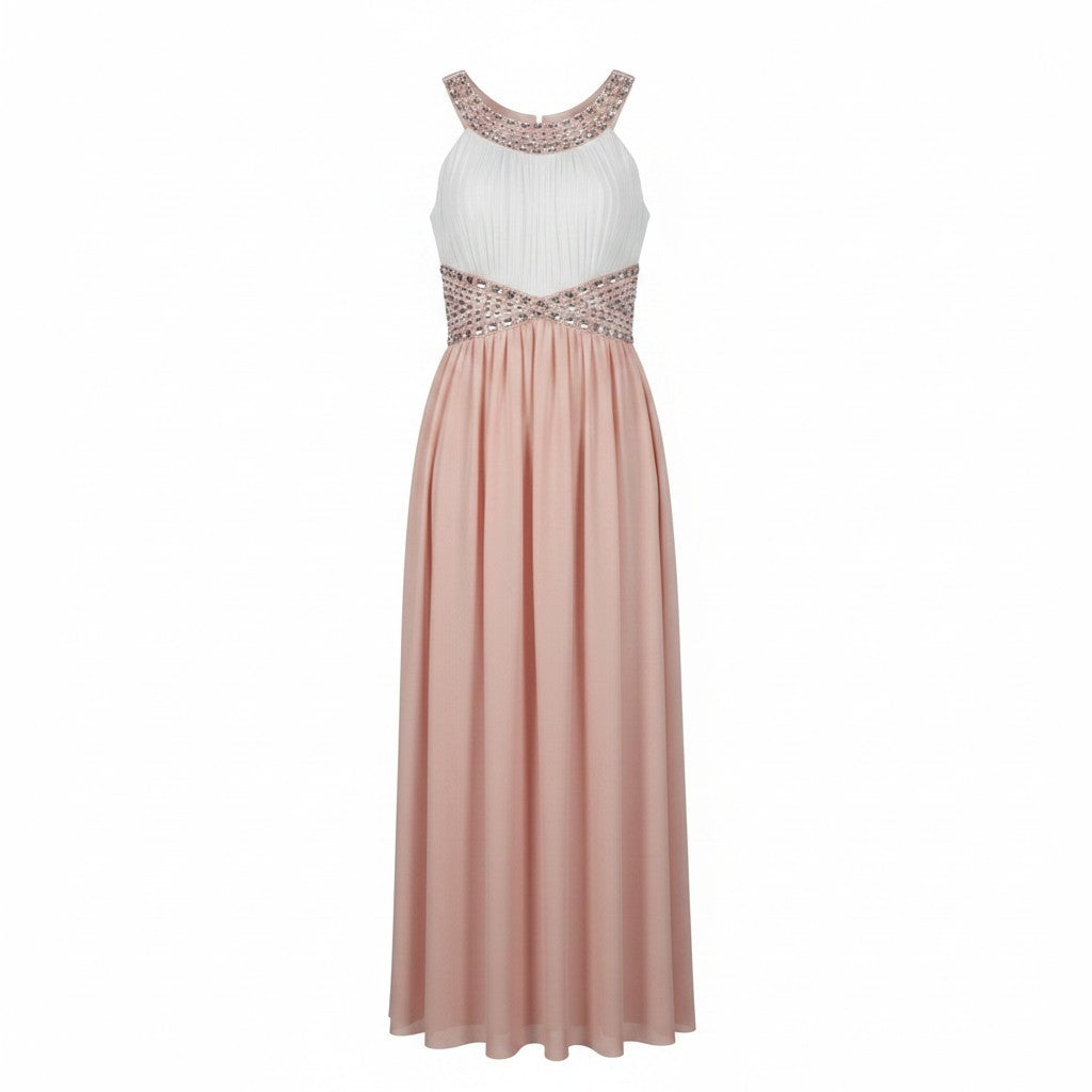 Rochie de Seară Maxi Bicolor Ivory-Roz cu Brâu din Cristale