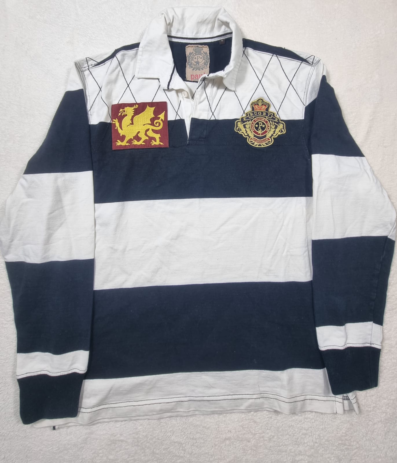 Tricou Rugby Polo Vintage Dungi Alb/Bleumarin XL